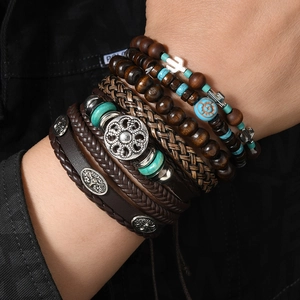 Men's retro bohemian five-piece bracelet set with sunflower and tree of life charms