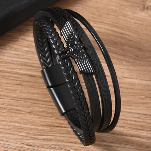 Herren Mehrlagiges Lederarmband in Schwarz mit Adler-Anhänger und praktischem Magnetverschluss