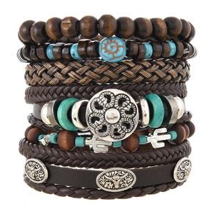 Retro sunflower and bull head multi-layer braided leather bead bracelet set for men