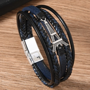 Men's bohemian layered leather bracelet with Eiffel Tower charm and magnetic clasp