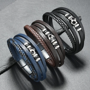 Men Hand-woven Multilayer PU Leather Football Bracelet Sports Alloy Braided Wristband With Magnetic Clasp Trendy Jewelry