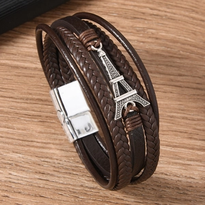 Bohemian multilayer brown leather bracelet with Eiffel Tower charm and magnetic clasp