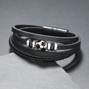 Handmade multi-layer black leather bracelet for men featuring a detailed soccer ball charm