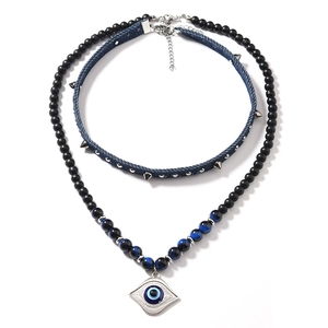 2Pcs Evil Eye necklace set with blue denim choker and beaded punk charm pendant