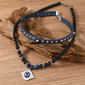2Pcs Evil Eye Necklace Set Turkey Amulet Pendant Blue Glass Beads Layered Necklace Denim Choker Rivet Punk Jewelry For Women