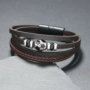 Men's multilayer dark brown leather bracelet with soccer bead and matte magnetic clasp