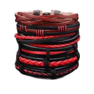 Retro multi-layer leather bracelets set with woven ropes in black, red, and brown tones