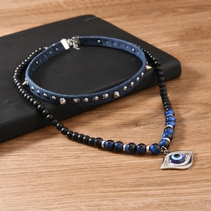 Evil eye necklace set with denim choker and beaded Turkish amulet pendant jewelry
