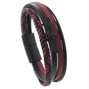 Herren Armband aus geflochtenem Leder in Rot und Schwarz mit schwarzem Adler-Metallanhänger