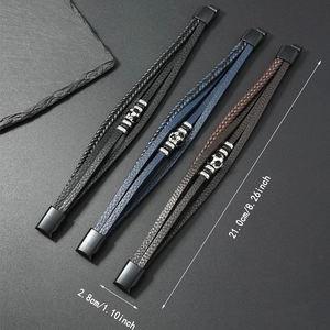 Detail showing measurements for multi-layered leather bracelets in black, blue and brown