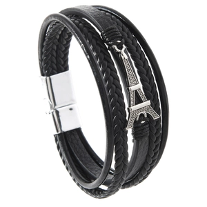 Multilayer leather men's bracelet with Eiffel Tower charm and magnetic silver clasp