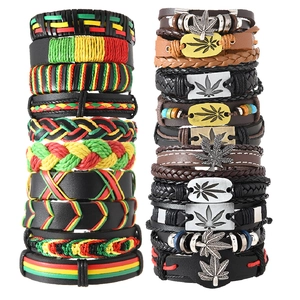 Vintage Braided Leather Bracelet Multiple Stacks Alloy Maple Leaf Charm Adjustable Wax Cord Reggae Rasta Jewelry For Women Men