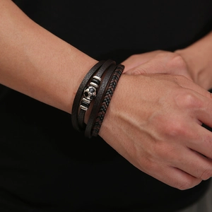 Men's multilayer brown leather football bracelet with braided ropes and soccer charm