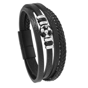 Detail of men's multilayer black leather soccer bracelet with magnetic metal clasp