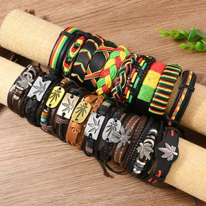 Jamaica set of woven leather bracelets with reggae colors and maple leaf alloy charms