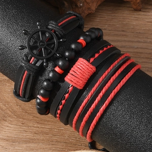 Détails de bracelets bohèmes pour hommes avec pendentif gouvernail en cuir et perles de bois