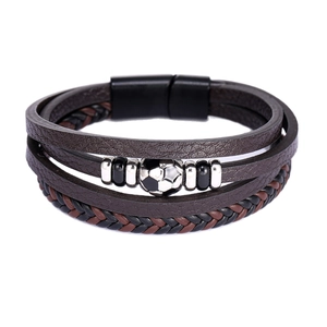 Men's multi-layer leather bracelet with soccer bead and magnetic clasp on white background