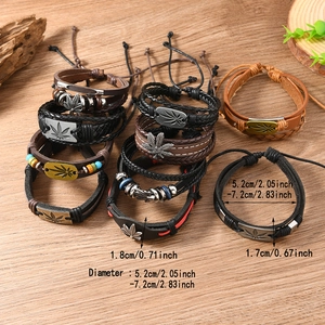Detail showing woven leather bracelets with maple leaf alloy charms and wooden beads