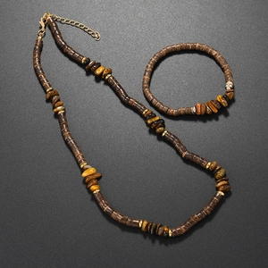 Handgefertigtes Kokosnussschalen Halskette und Armband Set mit Tigerauge Steinen