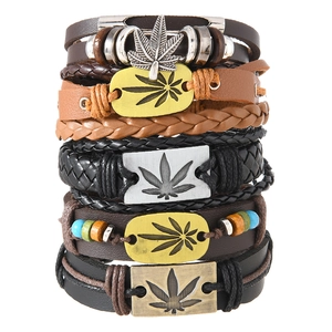 Jamaica style leather bracelet set with hemp leaf charms and wooden beads for men and women