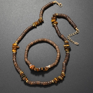 Handgefertigte Kokosnussschalen und Tigerauge Halskette mit passendem Armband Set Herren