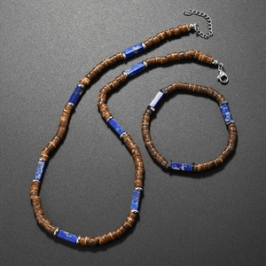 Parure de bijoux bohème pour homme avec perles de coco naturelles et collier de pierres bleues