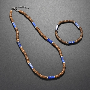 Détails du coffret bohème collier et bracelet en noix de coco et pierres bleues