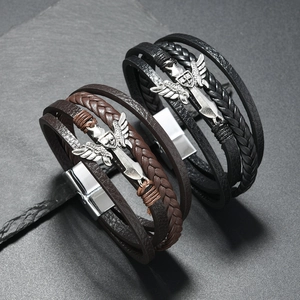 Men's Retro Multilayer Braided Leather Bracelet Alloy Cross Shield Sword Pendant Punk Gothic Magnetic Bangle Jewelry Gift