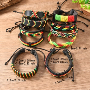 Detail view of Rasta colors woven leather bracelets with maple leaf alloy charms