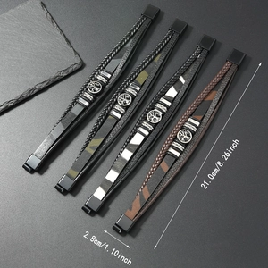 Detail of four-layer woven leather bracelets for men with tree of life metal buckle and magnetic clasp