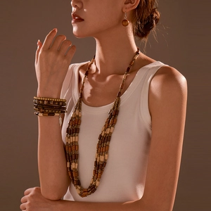 Bohemian vintage brown wooden bead jewelry set with cross necklace and beaded bracelets