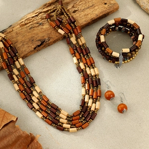 Vintage Bohemian Wood Beaded Jewelry Set For Women Multi Layer Necklace Bracelet Earrings Cross Feather Charm Ethnic Jewelry