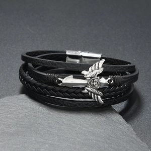 Men's vintage cross and sword multilayer braided leather bracelet with magnetic buckle