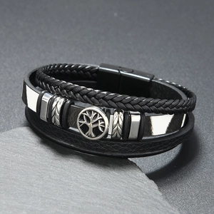 Men's multilayer black braided leather bracelet featuring a silver Tree of Life charm