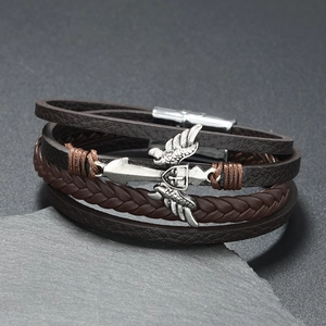 Men's multi-layer braided leather bracelet with vintage silver cross wing magnetic clasp