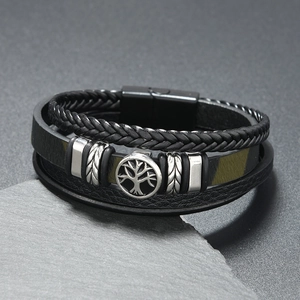 Men's multilayer leather bracelet with zebra pattern and silver tree of life charm