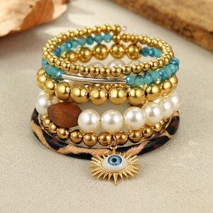 Bohemian multi-layer stackable bracelet set with turquoise beads and evil eye charm