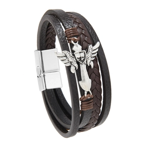 Men's retro punk multilayer braided leather bracelet with cross wing and magnetic clasp