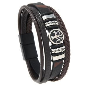 Men's multi-layer braided leather bracelet with silver Tree of Life charm and magnetic clasp