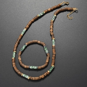 Ensemble bohème de collier et bracelet ajustable en noix de coco et pierres naturelles
