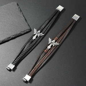 Retro multi-layer braided leather bracelet with silver metal cross and magnetic clasp