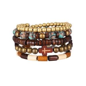 Vintage 5-layer beaded bracelet set with cross charm in brown and turquoise tones