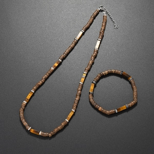 Ensemble collier en coque de coco bohème et bracelet en oeil de tigre pour les vacances
