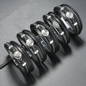 Bracelet de Sport Multicouche en Cuir Synthétique pour Hommes Avec Fermoir Magnétique en Alliage Bijoux Thème Football Basketball