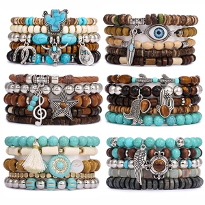 Bohemian Mehrlagige Perlenarmbänder Stapelbar Holz Zinklegierung Türkis Blatt Stern Charme Ethnischer Schmuck Für Damen
