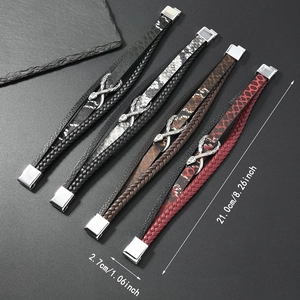 Detail showing dimensions of multi-layer woven leather bracelets with metal snake clasp
