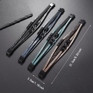 Detail showing multi-layer braided leather bracelets with infinity symbols in various colors