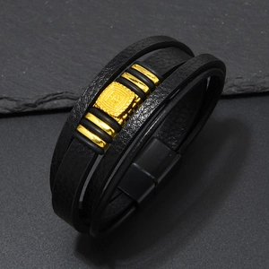 Men's multilayer black PU leather bracelet with gold tree of life metal charms and magnetic clasp