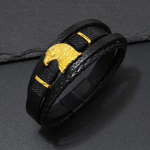Men's multilayer black leather bracelet with golden eagle head and magnetic clasp