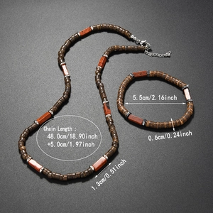 Vue détaillée de l'ensemble collier et bracelet bohème en noix de coco avec dimensions